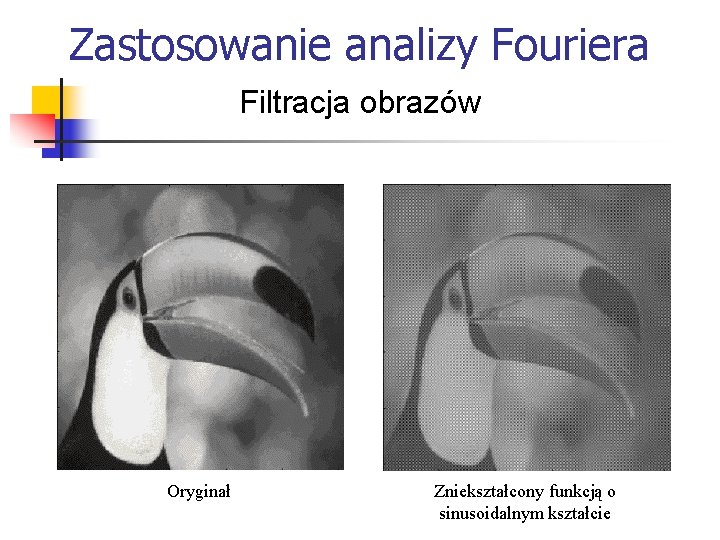 Zastosowanie analizy Fouriera Filtracja obrazów Oryginał Zniekształcony funkcją o sinusoidalnym kształcie 