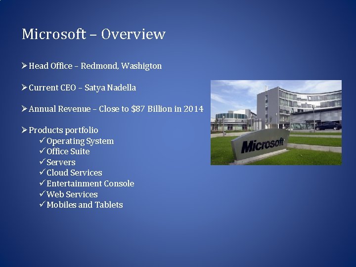 Microsoft – Overview ØHead Office – Redmond, Washigton ØCurrent CEO – Satya Nadella ØAnnual