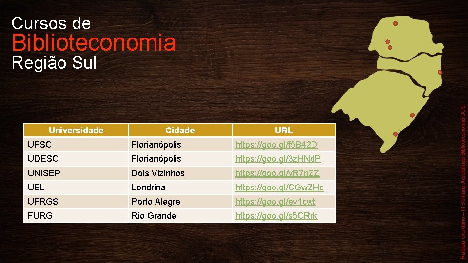 Cursos de Biblioteconomia Universidade Cidade URL UFSC Florianópolis https: //goo. gl/f 5 B 42