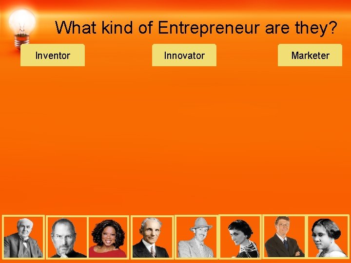 What kind of Entrepreneur are they? Inventor Innovator Marketer 