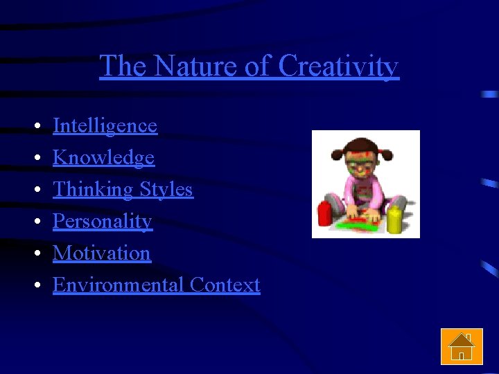 The Nature of Creativity • • • Intelligence Knowledge Thinking Styles Personality Motivation Environmental