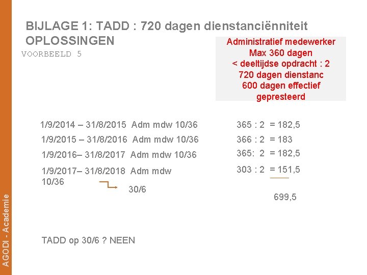 BIJLAGE 1: TADD : 720 dagen dienstanciënniteit OPLOSSINGEN Administratief medewerker VOORBEELD 5 1/9/2014 –