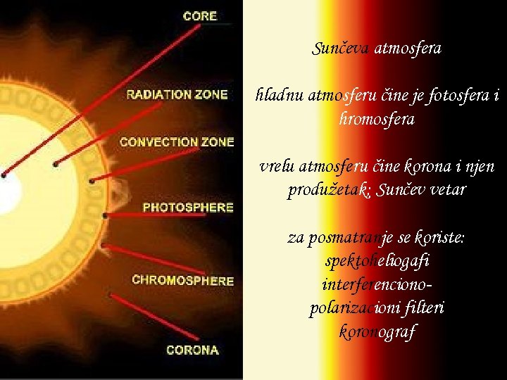Sunčeva atmosfera hladnu atmosferu čine je fotosfera i hromosfera vrelu atmosferu čine korona i