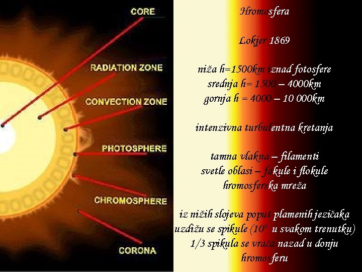 Hromosfera Lokjer 1869 niža h=1500 km iznad fotosfere srednja h= 1500 – 4000 km