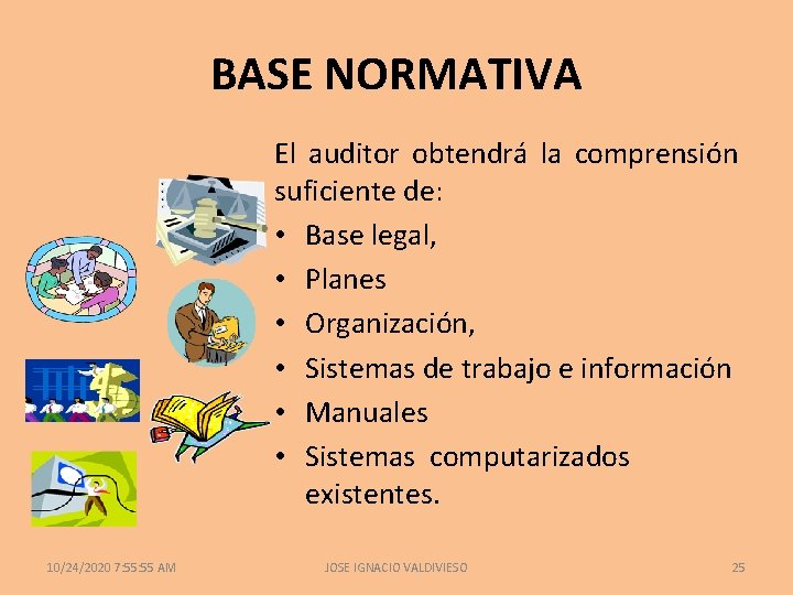 BASE NORMATIVA El auditor obtendrá la comprensión suficiente de: • Base legal, • Planes