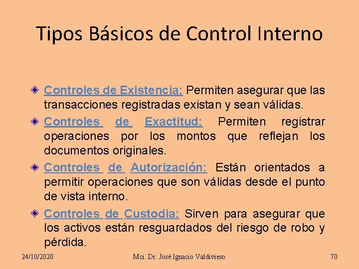 Tipos Básicos de Control Interno Controles de Existencia: Permiten asegurar que las transacciones registradas