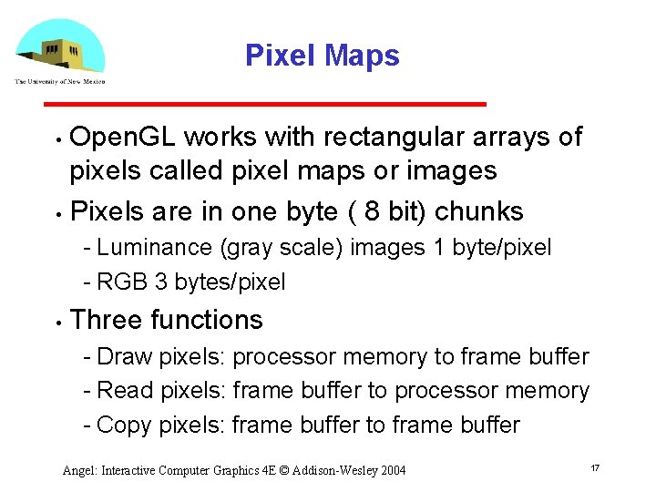 Pixel Maps Open. GL works with rectangular arrays of pixels called pixel maps or