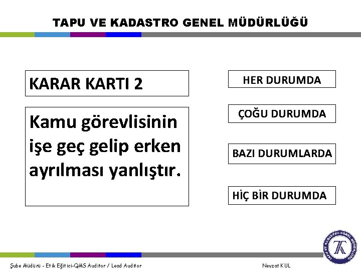 TAPU VE KADASTRO GENEL MÜDÜRLÜĞÜ KARAR KARTI 2 Kamu görevlisinin işe geç gelip erken