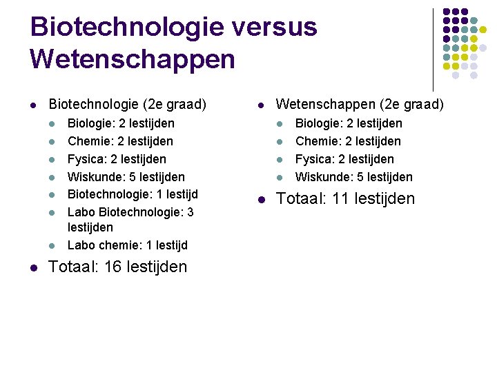 Biotechnologie versus Wetenschappen l Biotechnologie (2 e graad) l l l l Biologie: 2