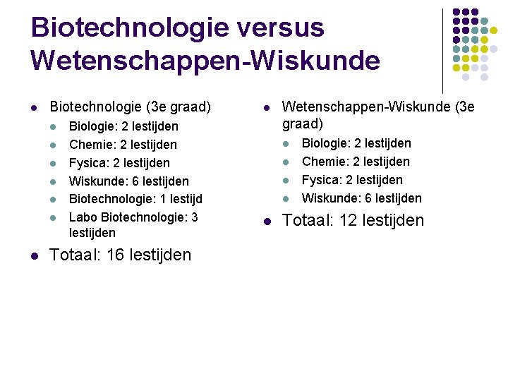 Biotechnologie versus Wetenschappen-Wiskunde l Biotechnologie (3 e graad) l l l l Biologie: 2