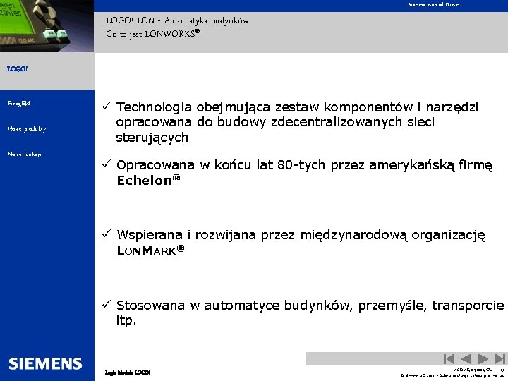 Automation and Drives LOGO! LON - Automatyka budynków. Co to jest LONWORKS® LOGO! Przegląd