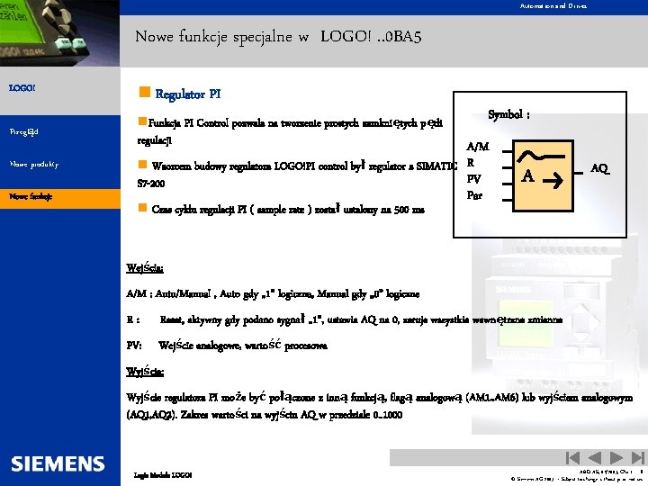 Automation and Drives Nowe funkcje specjalne w LOGO!. . 0 BA 5 LOGO! n