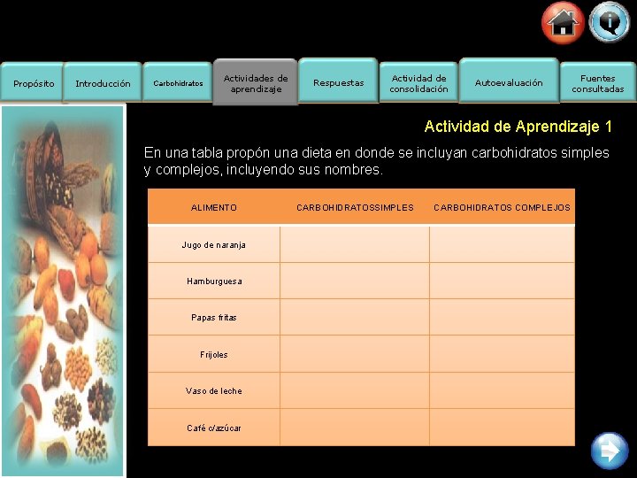 Propósito Introducción Carbohidratos Actividades de aprendizaje Respuestas Actividad de consolidación Autoevaluación Fuentes consultadas Actividad