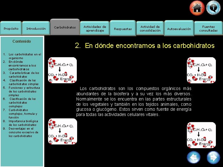 Propósito Introducción Contenido 1. Los carbohidratos en el organismo 2. En dónde encontramos a