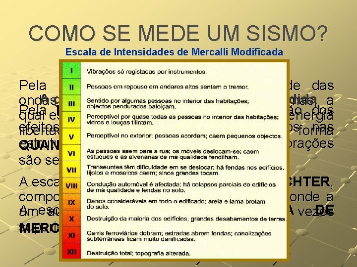 COMO SE MEDE UM SISMO? Escala de Intensidades de Mercalli Modificada 1ª 2ª Pela