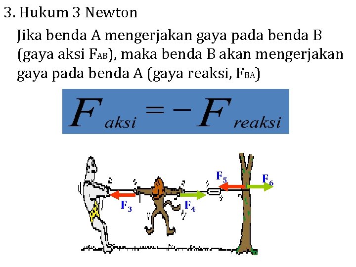 3. Hukum 3 Newton Jika benda A mengerjakan gaya pada benda B (gaya aksi