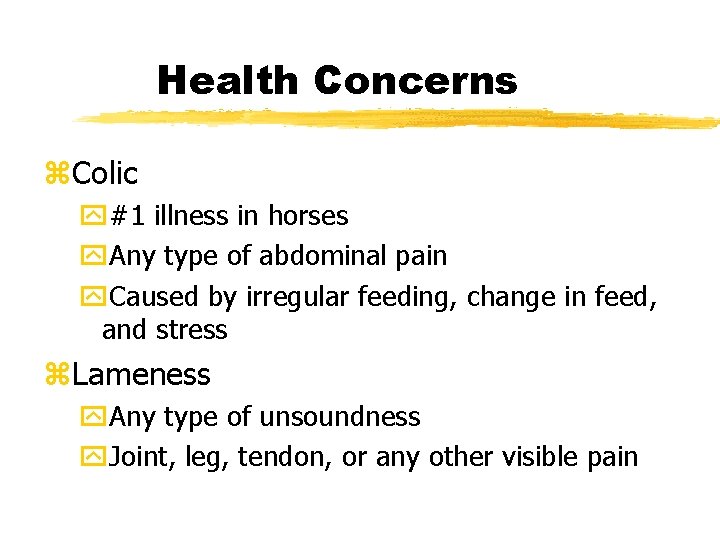 Health Concerns z. Colic y#1 illness in horses y. Any type of abdominal pain