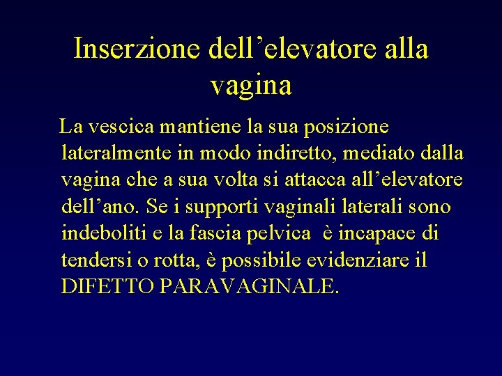 Inserzione dell’elevatore alla vagina La vescica mantiene la sua posizione lateralmente in modo indiretto,