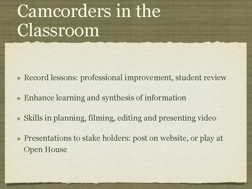 Camcorders in the Classroom Record lessons: professional improvement, student review Enhance learning and synthesis