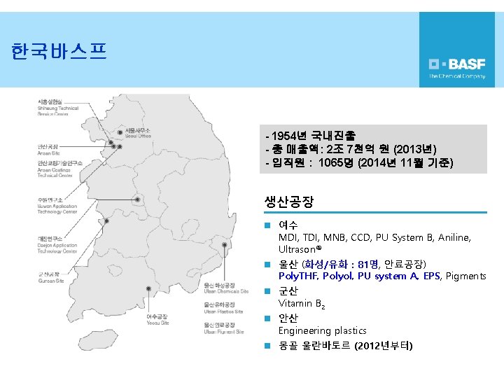 한국바스프 - 1954년 국내진출 - 총 매출액: 2조 7천억 원 (2013년) - 임직원 :