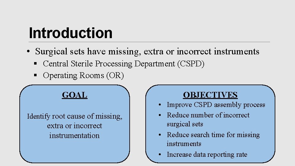 Introduction • Surgical sets have missing, extra or incorrect instruments § Central Sterile Processing
