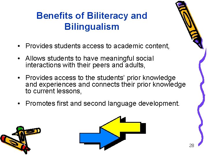 Benefits of Biliteracy and Bilingualism • Provides students access to academic content, • Allows