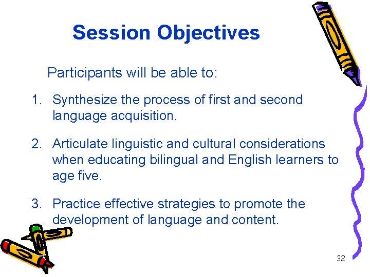 Session Objectives Participants will be able to: 1. Synthesize the process of first and