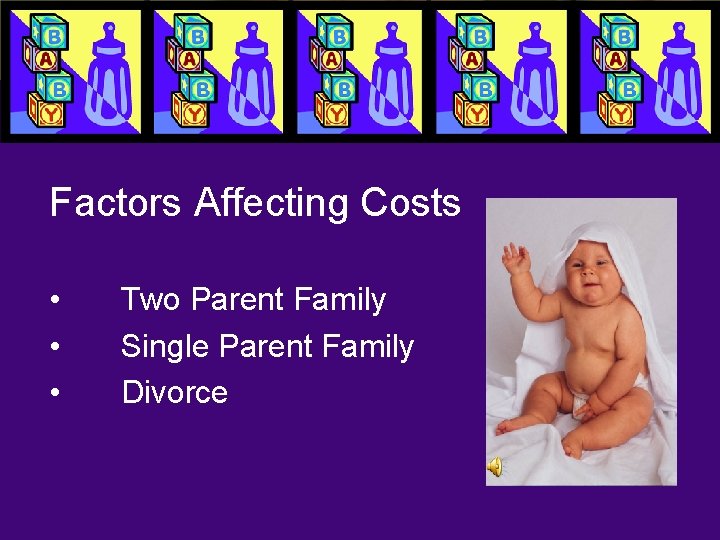 Factors Affecting Costs • • • Two Parent Family Single Parent Family Divorce 