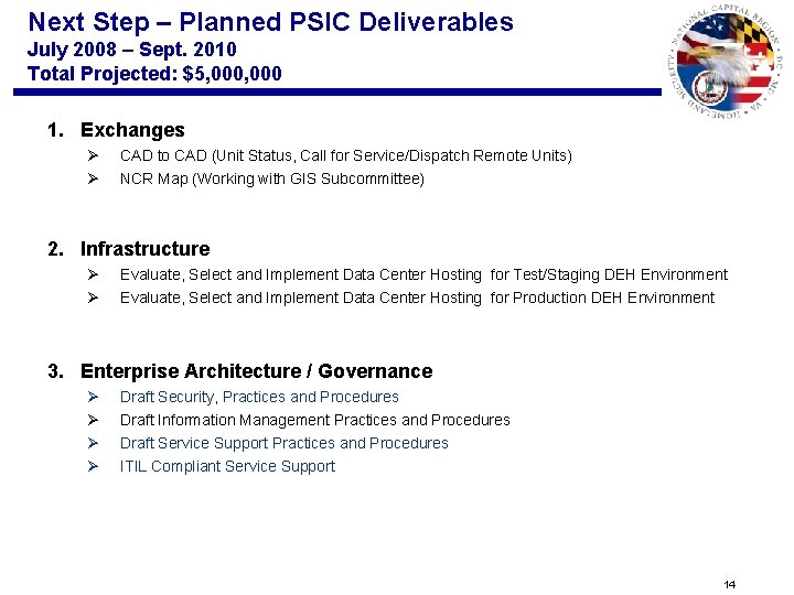 Next Step – Planned PSIC Deliverables July 2008 – Sept. 2010 Total Projected: $5,