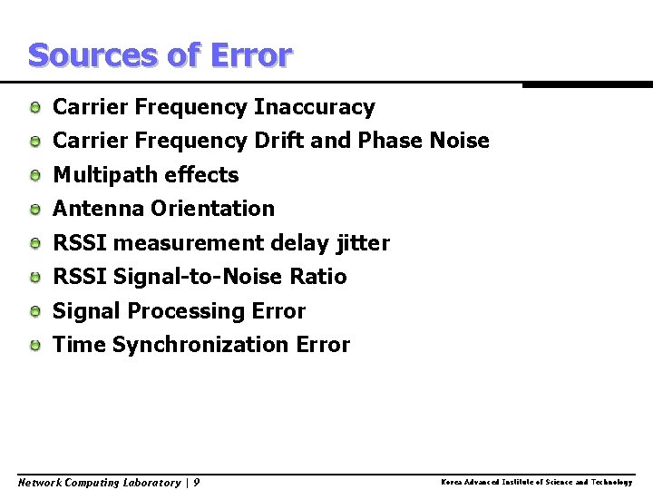 Sources of Error Carrier Frequency Inaccuracy Carrier Frequency Drift and Phase Noise Multipath effects