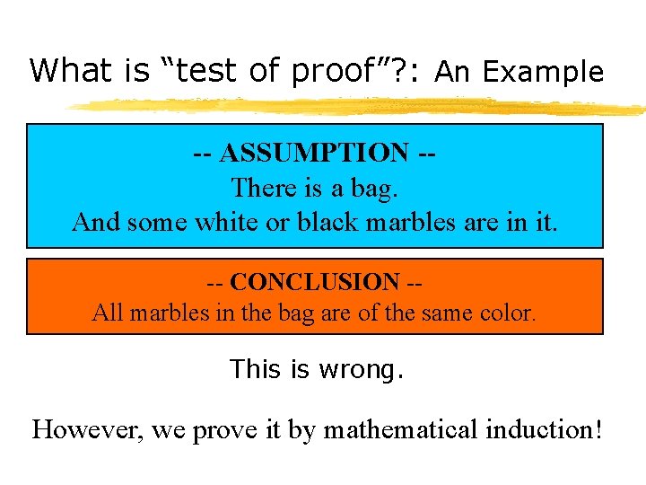 What is “test of proof”? : An Example -- ASSUMPTION -There is a bag.