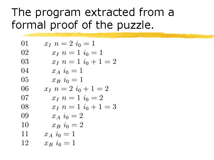 The program extracted from a formal proof of the puzzle. 