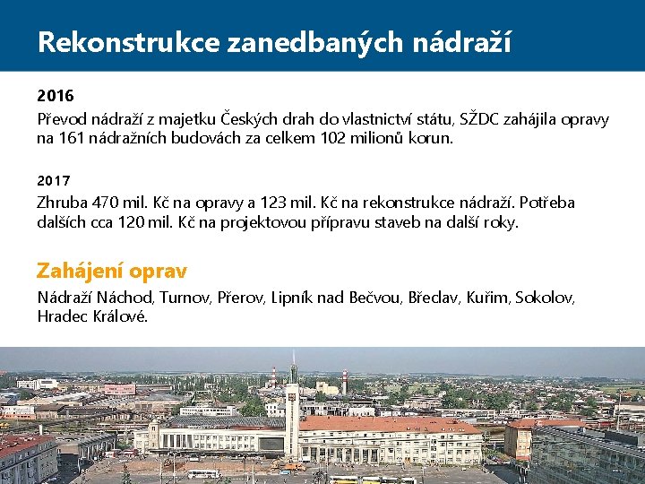 Rekonstrukce zanedbaných nádraží 2016 Převod nádraží z majetku Českých drah do vlastnictví státu, SŽDC