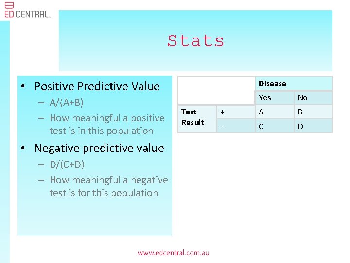 Stats • Positive Predictive Value – A/(A+B) – How meaningful a positive test is