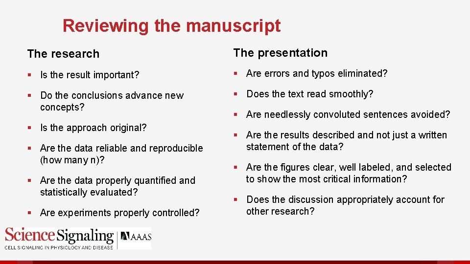 Reviewing the manuscript The research The presentation § Is the result important? § Are