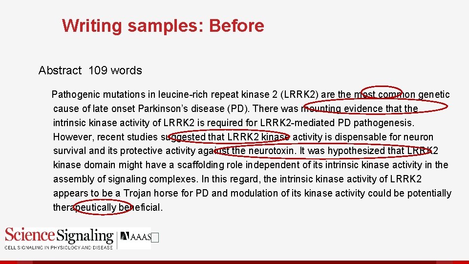 Writing samples: Before Abstract 109 words Pathogenic mutations in leucine-rich repeat kinase 2 (LRRK
