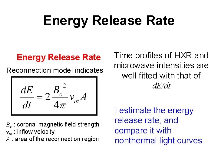 Energy Release Rate Reconnection model indicates Bc : coronal magnetic field strength vin :