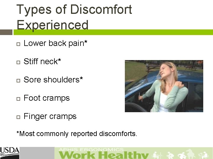 Types of Discomfort Experienced Lower back pain* Stiff neck* Sore shoulders* Foot cramps Finger