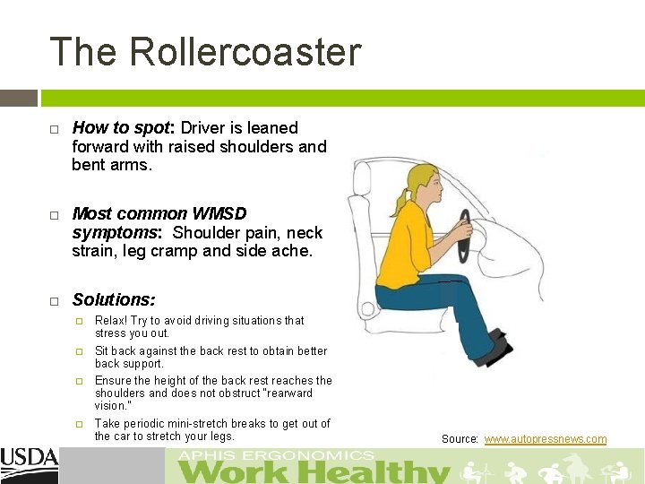 The Rollercoaster How to spot: Driver is leaned forward with raised shoulders and bent