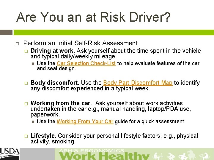 Are You an at Risk Driver? Perform an Initial Self-Risk Assessment. � Driving at