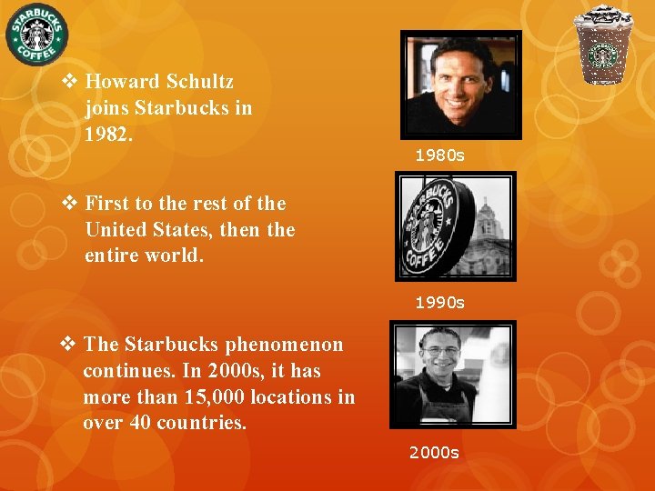 v Howard Schultz joins Starbucks in 1982. 1980 s v First to the rest