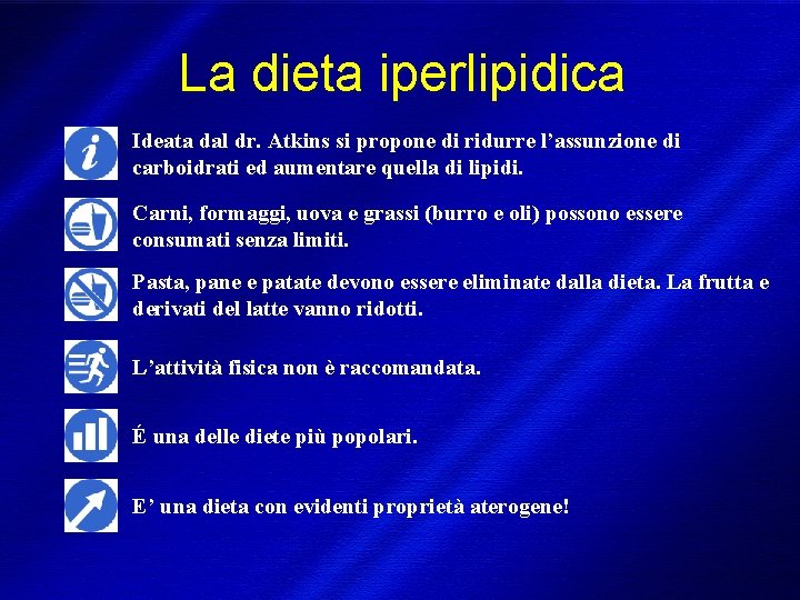 La dieta iperlipidica Ideata dal dr. Atkins si propone di ridurre l’assunzione di carboidrati