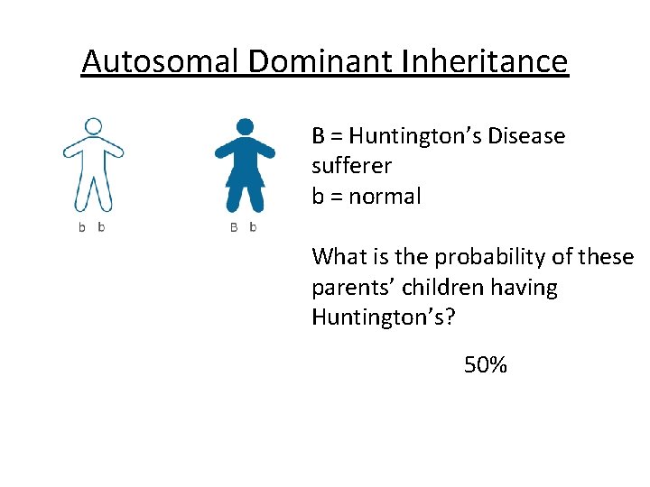Autosomal Dominant Inheritance B = Huntington’s Disease sufferer b = normal What is the