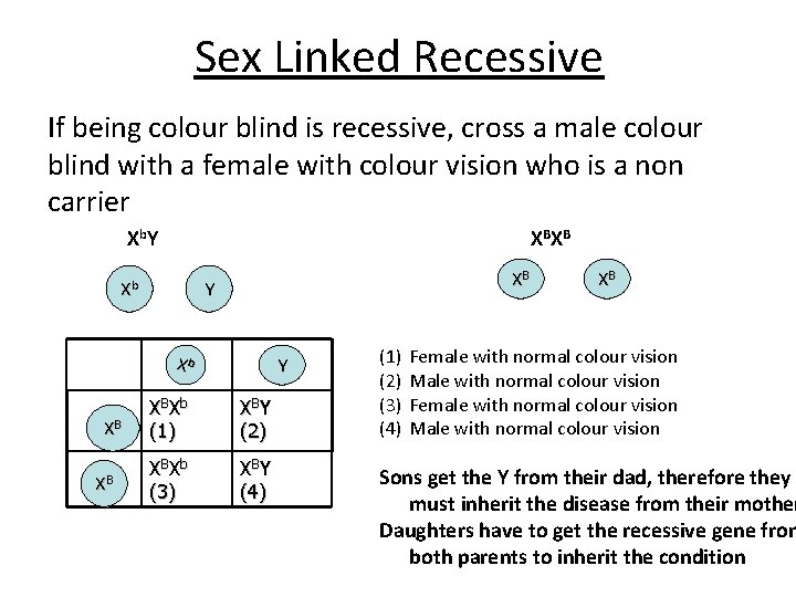 Sex Linked Recessive If being colour blind is recessive, cross a male colour blind