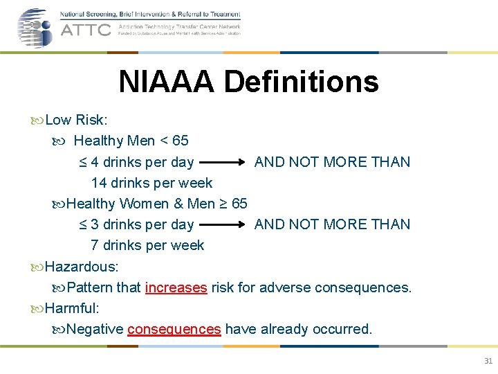 NIAAA Definitions Low Risk: Healthy Men < 65 ≤ 4 drinks per day AND