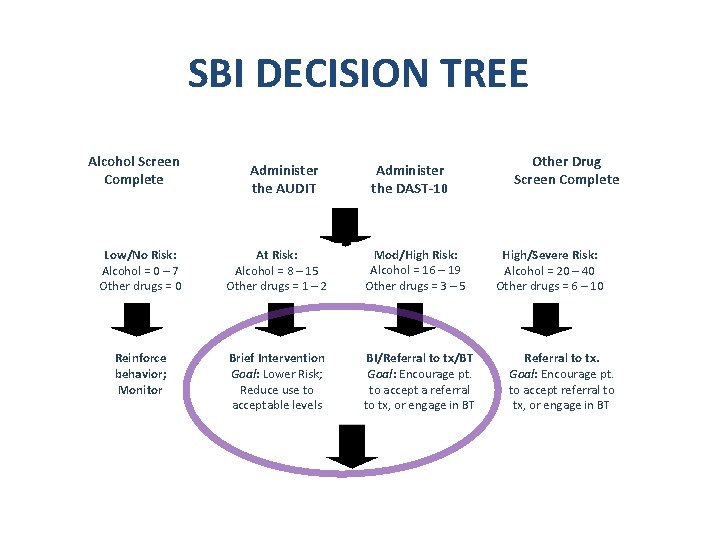 SBI DECISION TREE Alcohol Screen Complete Administer the AUDIT Administer the DAST-10 Low/No Risk: