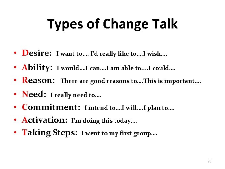 Types of Change Talk • Desire: I want to…. I’d really like to…. I