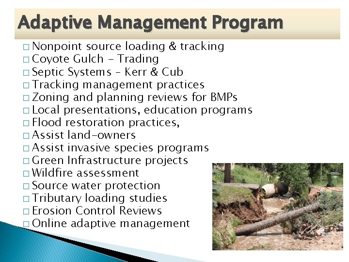 Adaptive Management Program � Nonpoint source loading & tracking � Coyote Gulch - Trading
