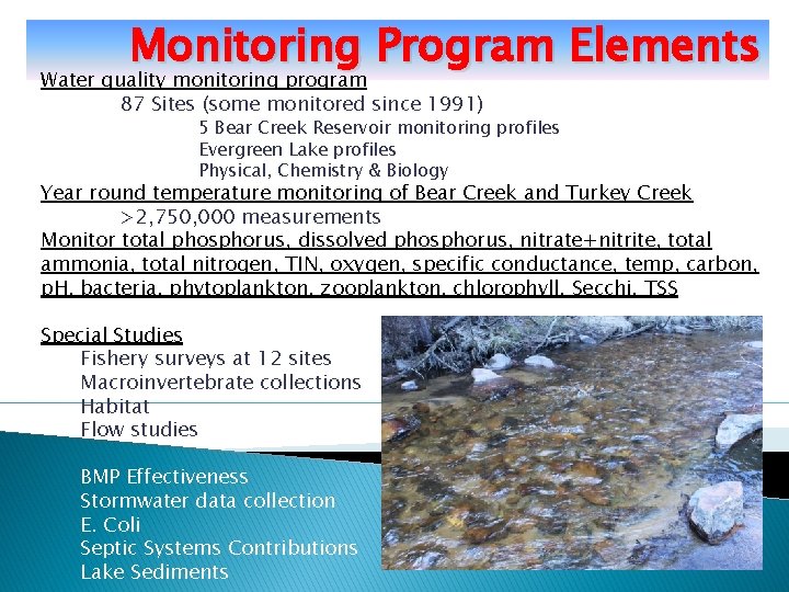 Monitoring Program Elements Water quality monitoring program 87 Sites (some monitored since 1991) 5