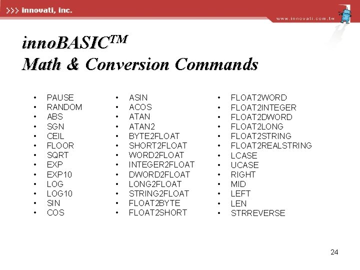 inno. BASICTM Math & Conversion Commands • • • • PAUSE RANDOM ABS SGN